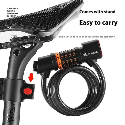 Bike combination password lock with taillight, coiled cable, seat tube mount, and easy-carry design
