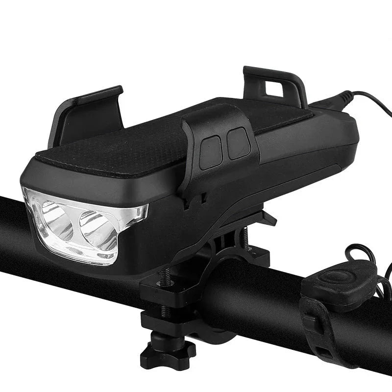 4-in-1 bike light with horn, power bank, phone holder, mounted on bicycle handlebar