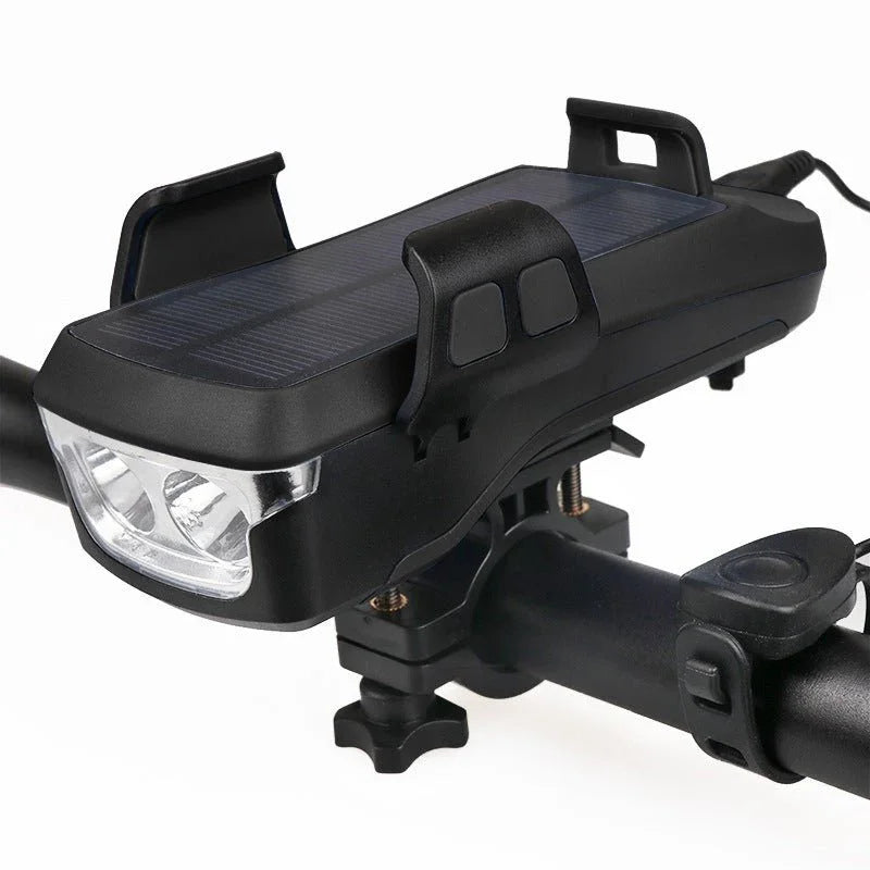4-in-1 bike light with solar panel, horn, phone holder, power bank mounted on handlebars