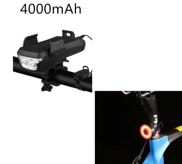 4-in-1 bike light with horn, power bank, phone holder, USB rechargeable 4000mAh, front and rear LED, cycling accessories