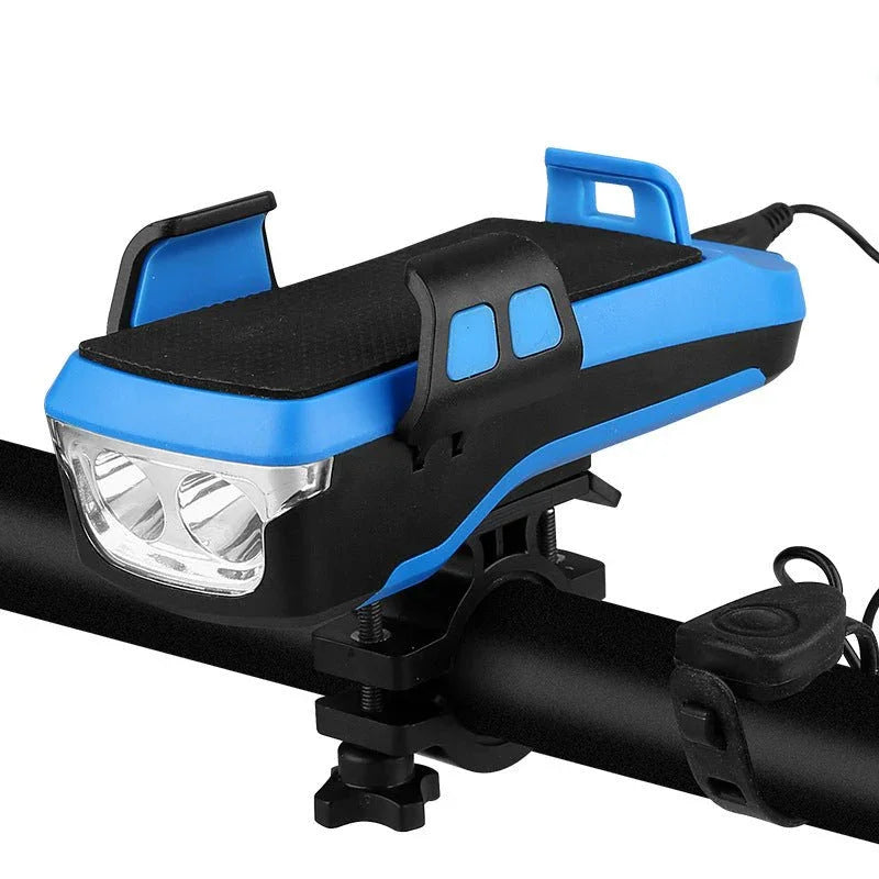 4-in-1 bike light with horn, power bank, phone holder, blue, mounted on handlebar