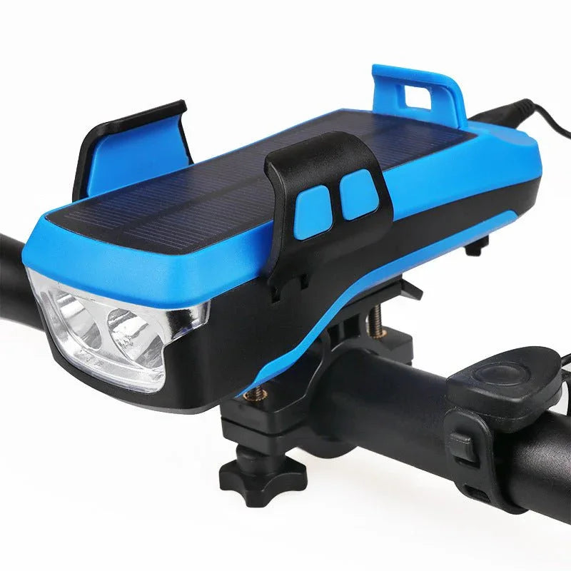 4-in-1 bike light with solar panel, phone holder, power bank, and horn mounted on handlebars