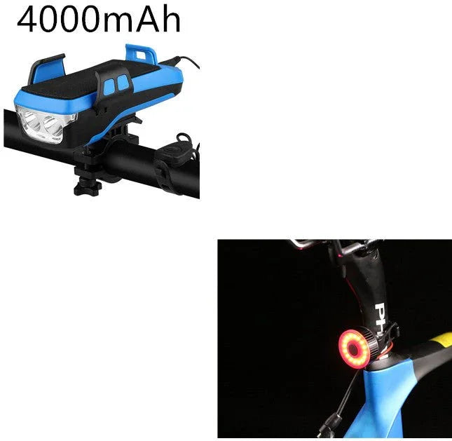 4-in-1 bike light with horn, phone holder, power bank 4000mAh, mounted on handlebars and seat, blue