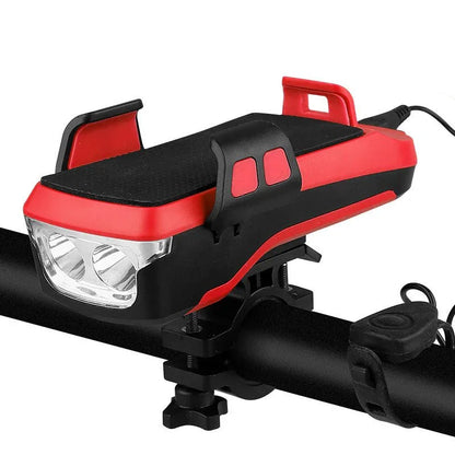 4-in-1 bike light with horn, power bank, phone holder, LED front headlight, red mount