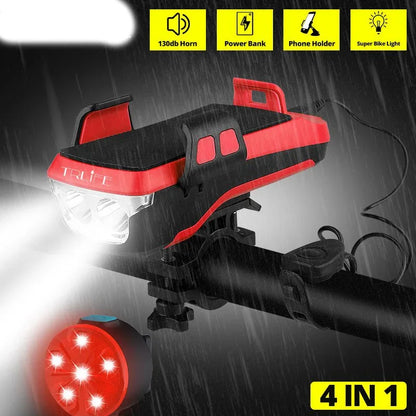4-in-1 bike light with horn, power bank, phone holder, and LED headlight in rain