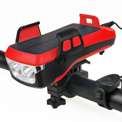 4-in-1 bike light, horn, solar power bank, and phone holder mounted on handlebars