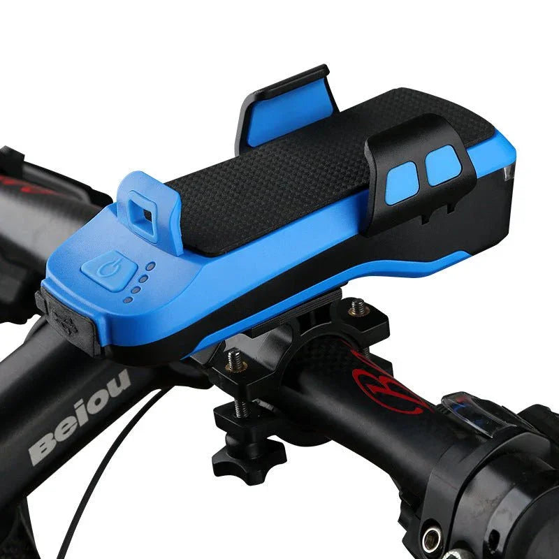 4-in-1 bike light with horn, phone holder, power bank, blue solar bicycle accessory mounted on handlebars