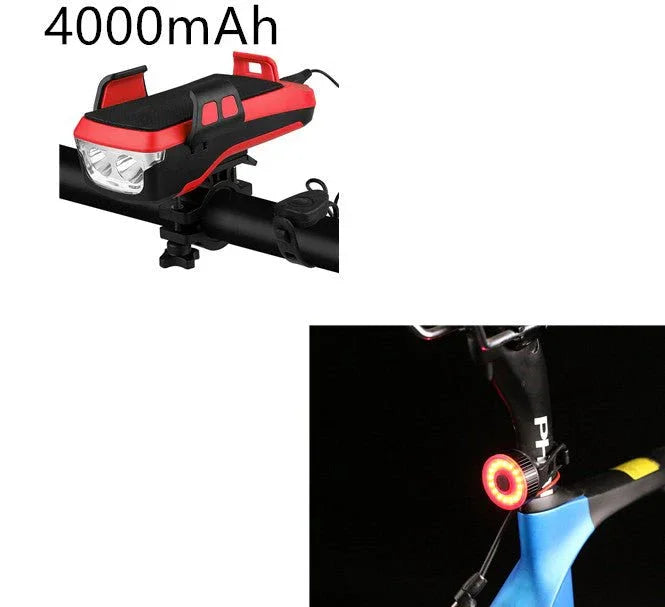 4-in-1 bike light with horn, phone holder, 4000mAh power bank, front LED and rear safety light