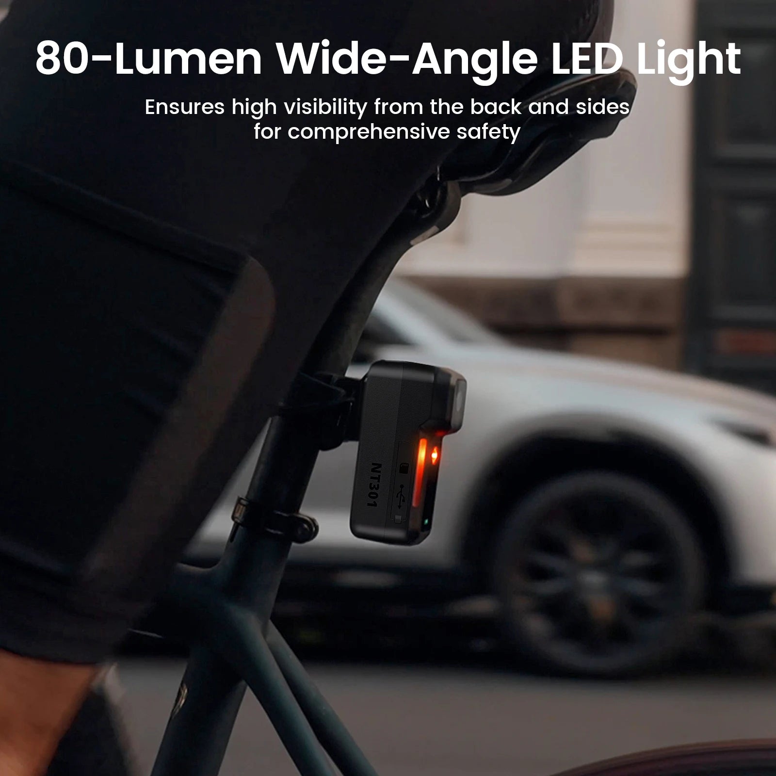 CougarBikes RAVEMEN NT301 camera tail light mounted on bike, showing bright red LED illumination for visibility and safety.