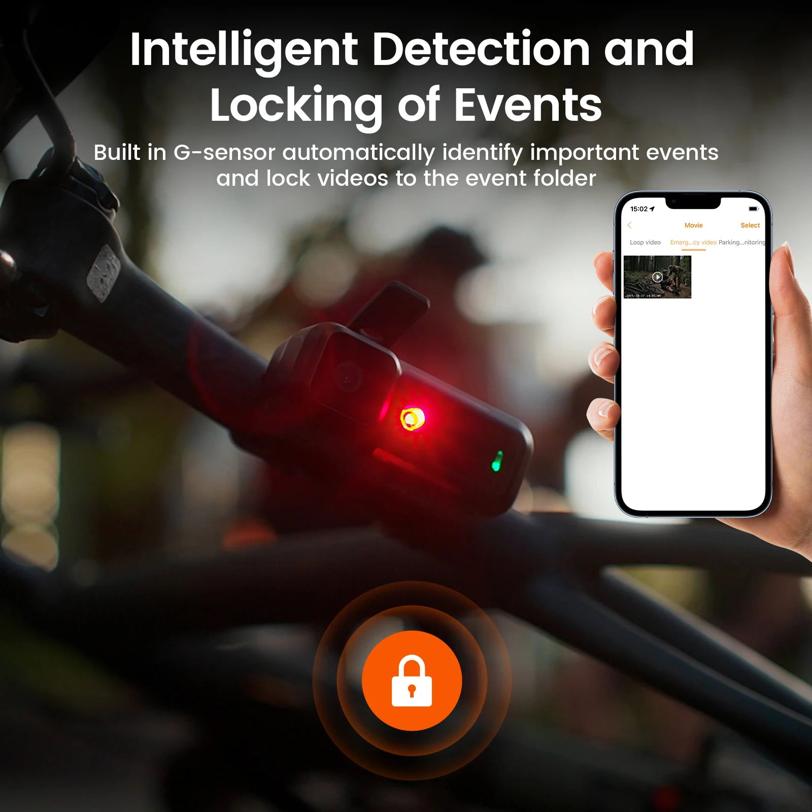 CougarBikes RAVEMEN NT301 camera tail light mounted on a bicycle, showing bright LED display for safety and visibility.