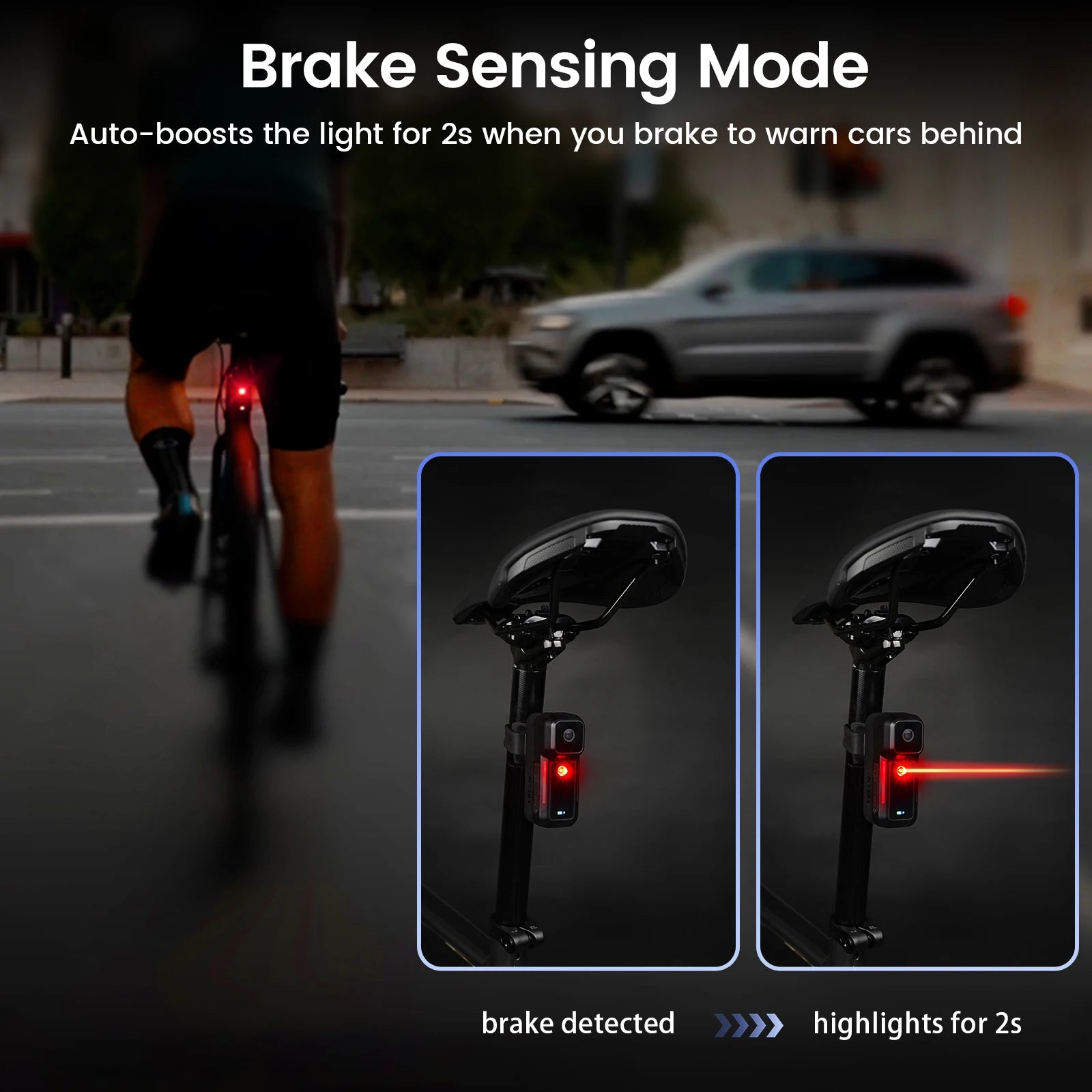 CougarBikes RAVEMEN NT301 camera tail light mounted on bike, showing bright LED illumination for visibility and safety.