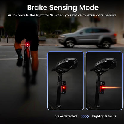 CougarBikes RAVEMEN NT301 camera tail light mounted on bike, showing bright LED illumination for visibility and safety.