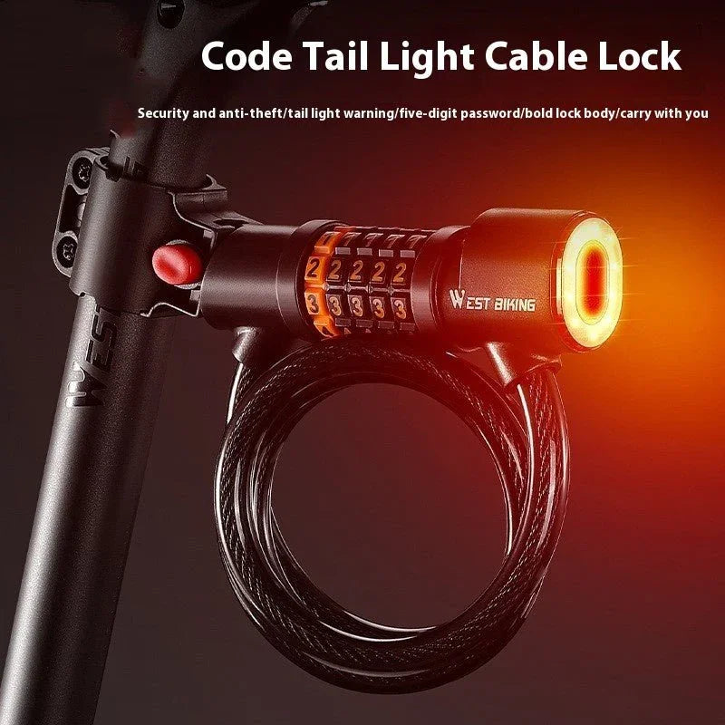 Bike cable lock with taillight, five-digit password, anti-theft security, mounted on seat post
