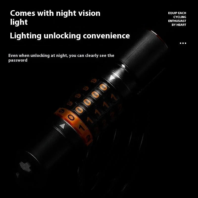 Bike password lock with night vision LED taillight, illuminated combination dials, secure cycling accessory