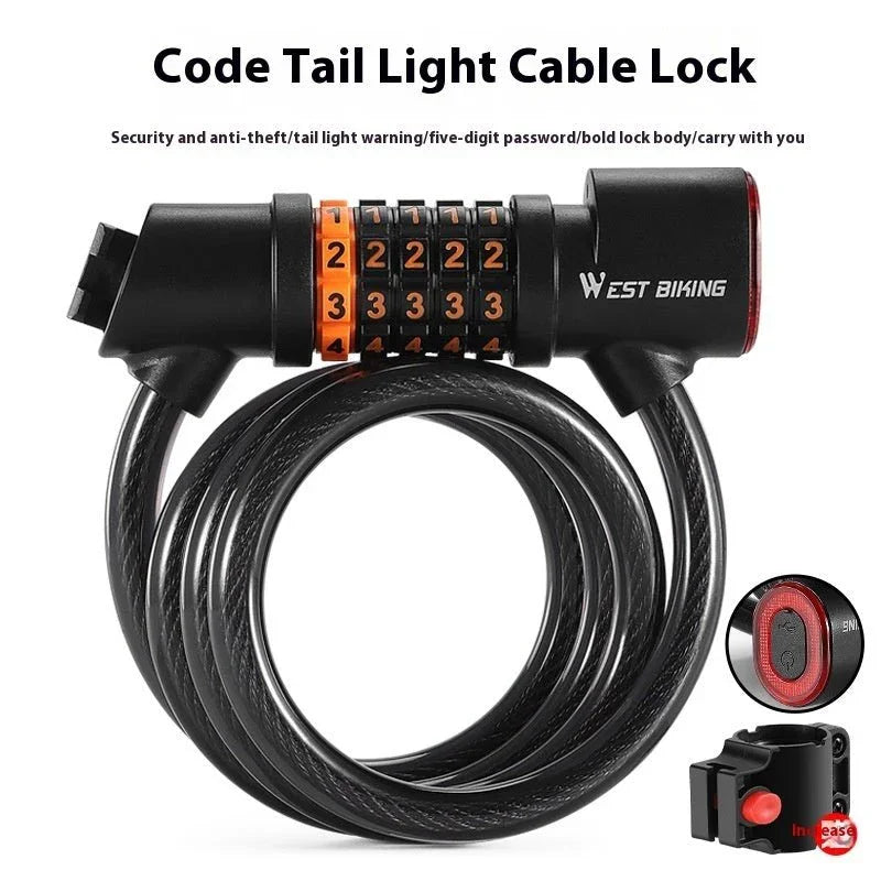Bike cable lock with password and integrated tail light, anti-theft security, cycling accessory