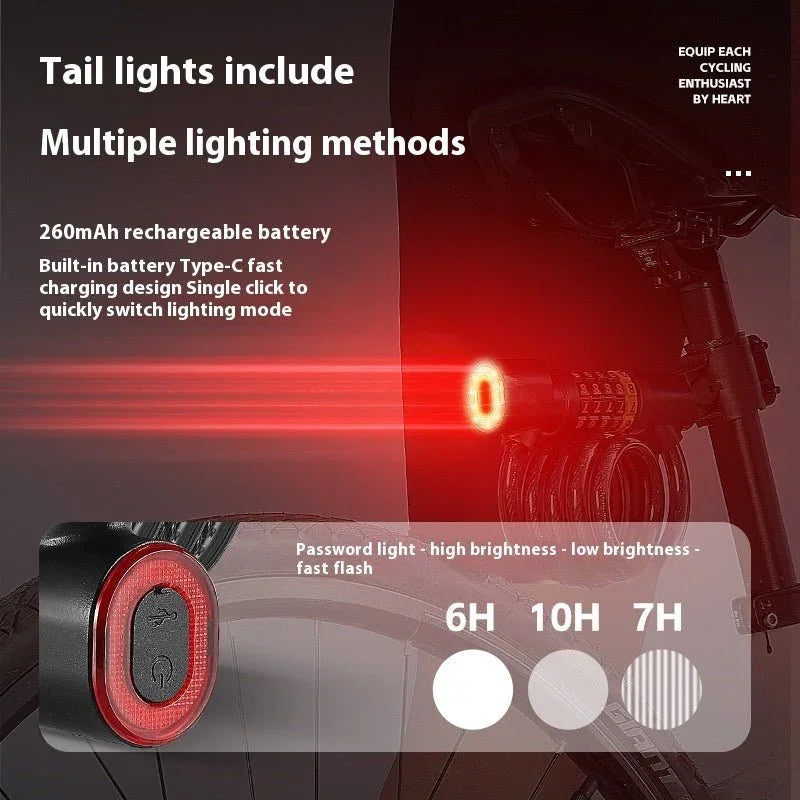 Bike password lock with integrated rechargeable taillight, Type-C charging, multiple lighting modes, security accessory for cycling safety.