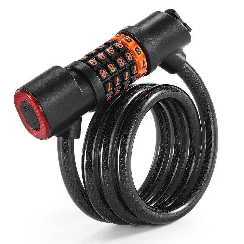 bike cable lock with password combination and integrated red taillight for bicycle security