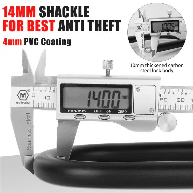Heavy-duty bike U-lock with 14mm shackle, 4mm PVC coating, digital caliper measurement, anti-theft security