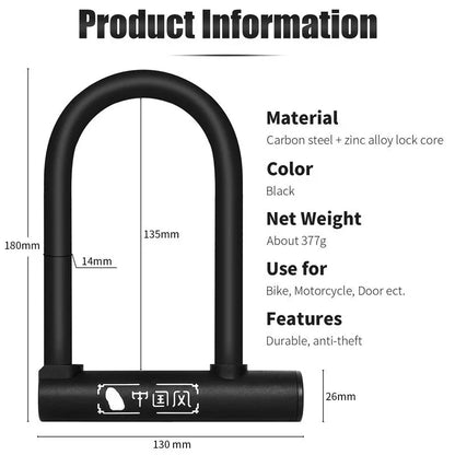 Heavy duty black U-lock for bike security, carbon steel, anti-theft, measured dimensions