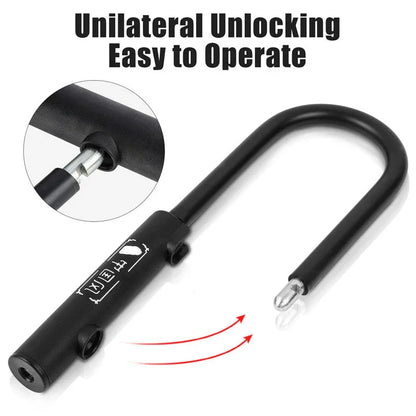 Heavy-duty U-lock for bikes, black steel, easy one-sided unlocking, strong bike security