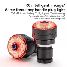 CougarBikes ROCKBROS smart bike tail light with brake sensing, rechargeable, waterproof, and mounted on a bicycle for visibility.