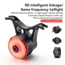 CougarBikes ROCKBROS smart bike tail light with brake sensing, rechargeable, waterproof, mounted on bike rear for visibility.