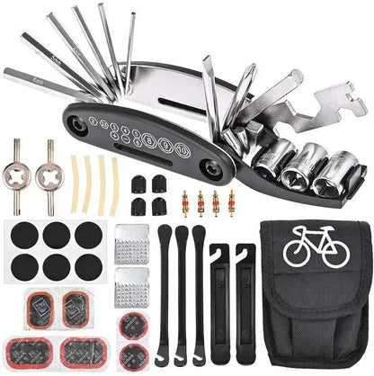 Portable multi-tool bike repair kit with hex wrenches, tire levers, patch set, and compact pouch for road and mountain bicycle maintenance.