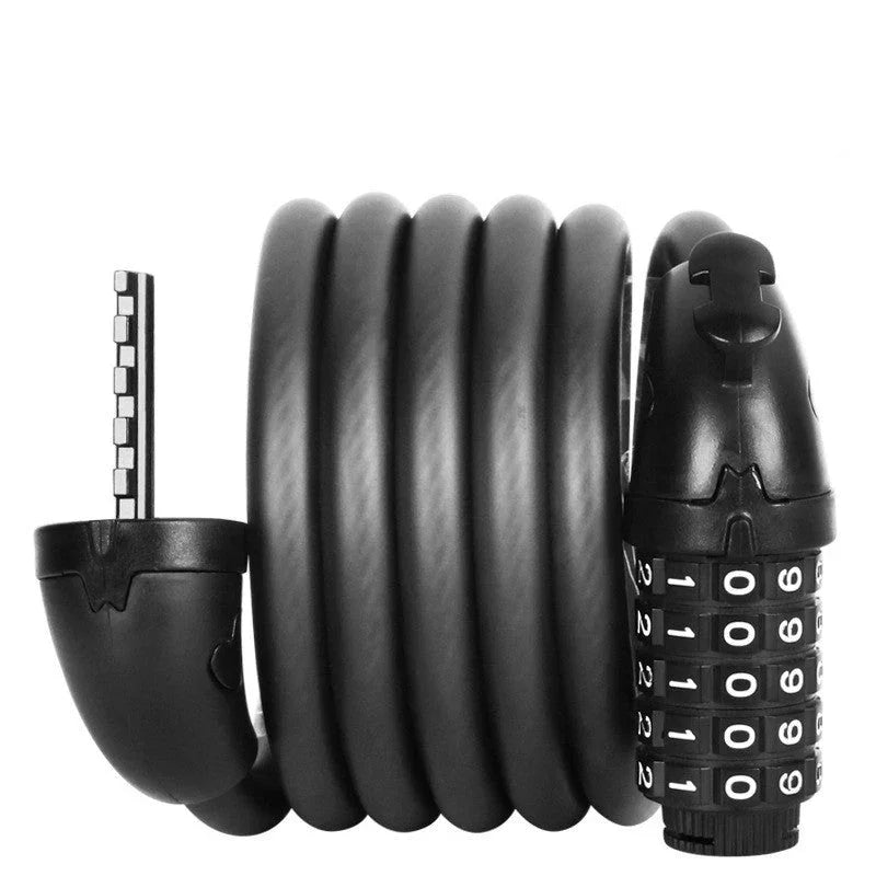 Durable black coiled bike lock with resettable combination code, heavy-duty bicycle security
