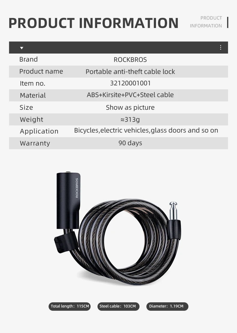 ROCKBROS Cable Lock Bike Anti Theft 115cm - CougarBikes