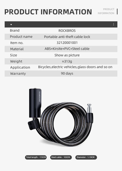 ROCKBROS Cable Lock Bike Anti Theft 115cm - CougarBikes