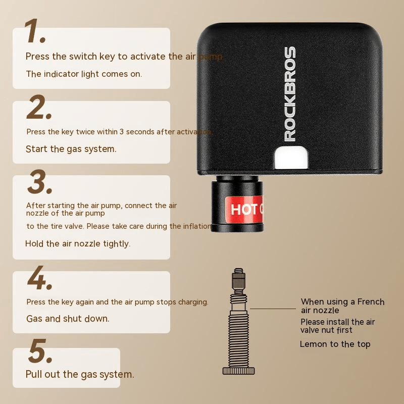 ROCKBROS Mini Electric Bike Pump – Aluminum Portable Bike Tire Inflator (USB - C) - CougarBikes