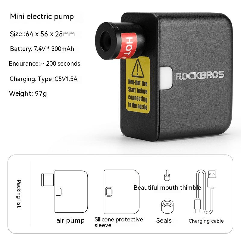 ROCKBROS Mini Electric Bike Pump – Aluminum Portable Bike Tire Inflator (USB - C) - CougarBikes