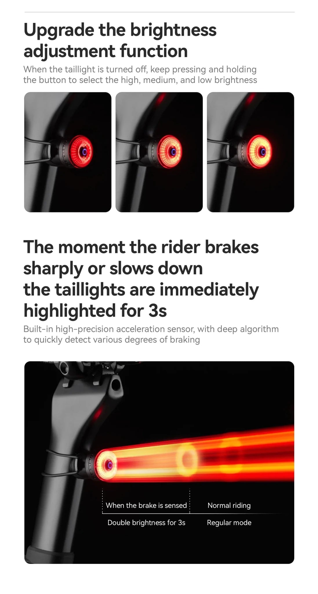 ROCKBROS Smart Bike Tail Light Brake Sensing Rechargeable Waterproof Light - CougarBikes