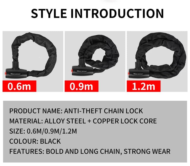 WEST BIKING Chain Lock Bike Anti Theft 1.2m - CougarBikes